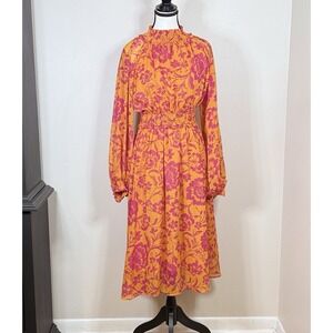 ODDY Womens Floral Midi Dress Size S Smocked Waist Sheer Balloon Sleeve Modest